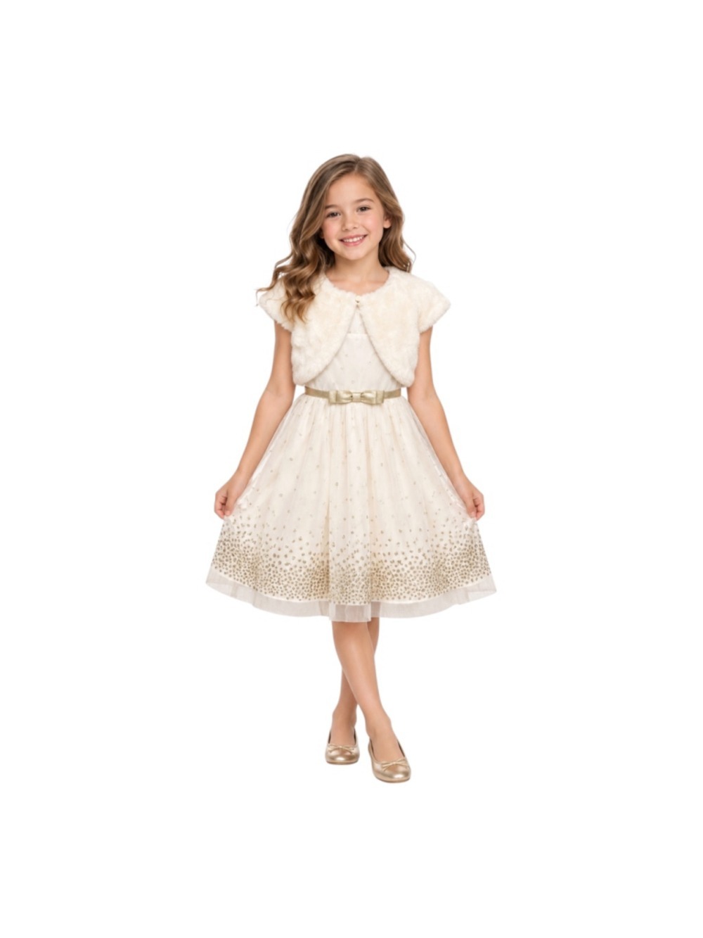 Jona Michelle Girls Size 7 Ivory Gold Dress Faux Fur Shrug 2-Piece Set